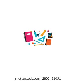 School supplies and office stationery flat lay with supplies stationery notebook calculator education learning backtoschool equipment academic