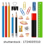 School supplies and office stationery realistic vector design. Pencils, sharpener and eraser or rubber, marker pen, ruler, paper clips and pencil shavings, writing instruments and drawing items