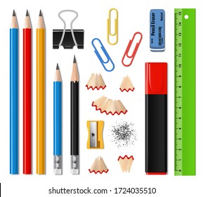 School supplies and office stationery realistic vector design. Pencils, sharpener and eraser or rubber, marker pen, ruler, paper clips and pencil shavings, writing instruments and drawing items