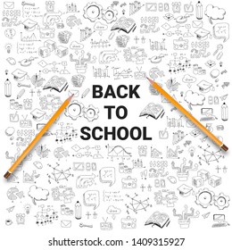 School supplies on the background of drawings. Back to school concept. Modern vector illustration. - Vector illustration