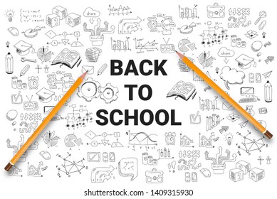 School supplies on the background of drawings. Back to school concept. Modern vector illustration. - Vector illustration