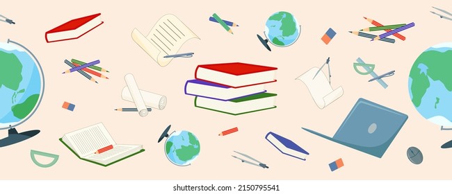 School supplies on a beige background: globes, books, pencils, pens, paper, rulers, compasses.