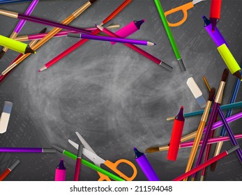 School supplies on blackboard background. plus EPS10 vector file