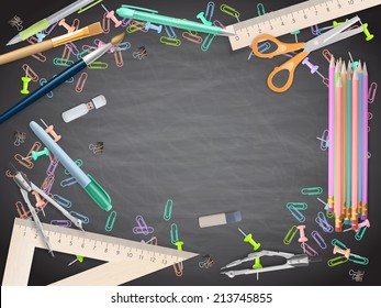 School supplies on blackboard background. EPS 10 vector file included