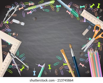 School supplies on blackboard background. EPS 10 vector file included