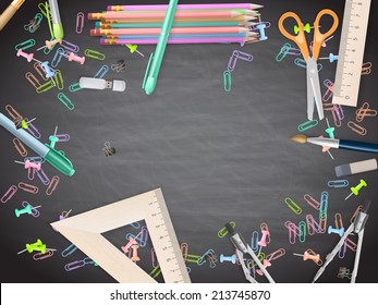 School supplies on blackboard background. EPS 10 vector file included