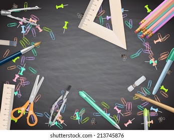 School supplies on blackboard background. EPS 10 vector file included