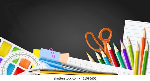 School supplies on blackboard. Realistic vector illustration.