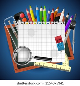 School supplies on a blue background