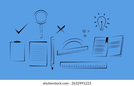 school supplies on blue background. learning equipment. vector illustration