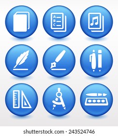 School Supplies on Blue Round Buttons
