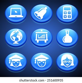 School Supplies on Blue Round Buttons