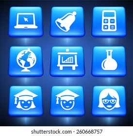School Supplies on Blue Square Buttons