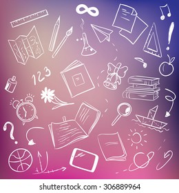 School supplies on blurred background, sketchy design