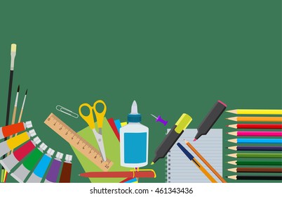 School supplies on board background. Chalkboard and school supplies composition flat vector background