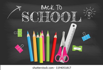 School supplies on chalkboard, back to school concept. Vector illustration