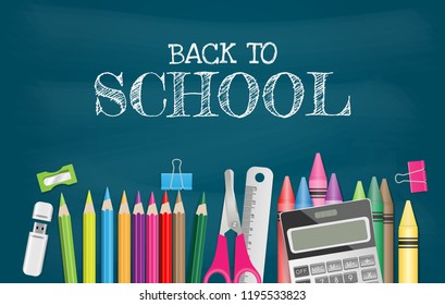 School supplies on chalkboard, back to school concept. Vector illustration