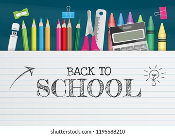 School supplies on chalkboard, back to school concept. Vector illustration