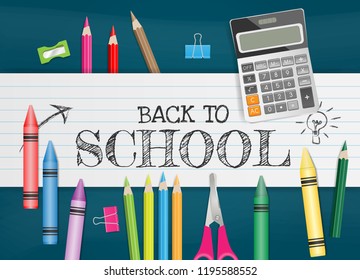 School supplies on chalkboard, back to school concept. Vector illustration