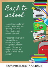 School supplies on chalkboard background. School supplies composition with copy space flat vector background. Objects are cut out with clipping path.