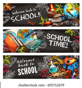 School supplies on chalkboard banner set for education template. Pencil, ruler, book, calculator, school bag, scissors, blackboard, paint, brush, globe and flask chalk sketch for back to school design