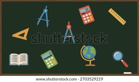 School Supplies on Chalkboard Compass, Calculator, Ruler, Globe, and Textbook Illustration