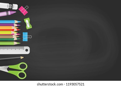 School supplies on chalkboard with copy space, Back to school concept. Vector illustration