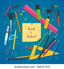 School supplies on colored background. Back to school concept. Vector illustration