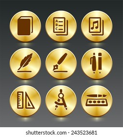 School Supplies on Gold Round Buttons