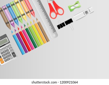 School supplies on gray background with copy space, Back to school concept. Vector illustration