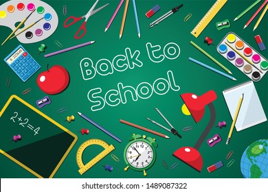School supplies on green background ready for your text