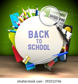 School supplies on green background - school background with place for your text



