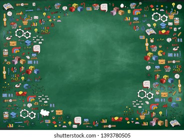 School supplies on green board background. Back to school concept. Modern vector illustration. - Vector illustration