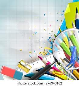 School supplies on paper background - school background with place for your text