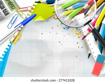 School supplies on paper background - school background with place for your text
