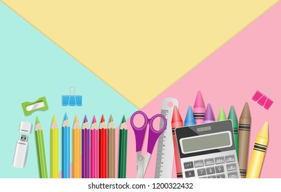 School supplies on pastel color background, flat lay. Vector illustration