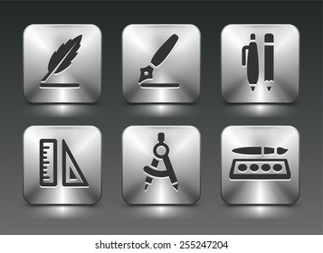 School Supplies on Silver Square Buttons