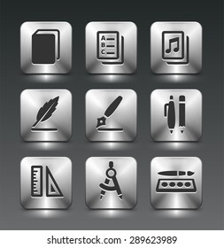 School Supplies on Silver Square Buttons