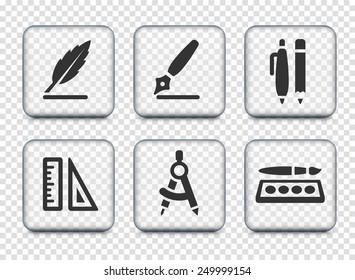 School Supplies on Transparent Square Buttons