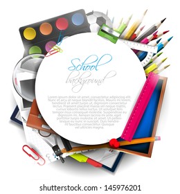 School supplies on white background with copyspace