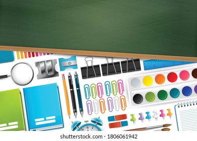 School supplies on white background behind green chalkboard with wooden frame, free space for text. Vector illustration.