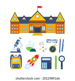 school supplies on a white background. vector illustration. Back to school concept. objects for high school student. Infographic elements for web, presentation.