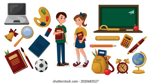 School supplies on a white background, schoolboy and schoolgirl - Vector illustration