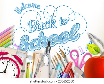 School supplies on white background ready for your design. EPS 10 vector file included