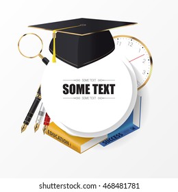 School supplies on white background with text. Vector illustration