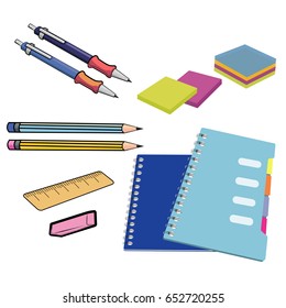 School supplies on a white background.