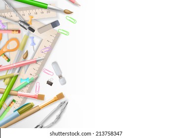 School supplies on white with copyspace. EPS 10 vector file included