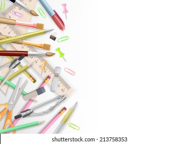 School supplies on white with copyspace. EPS 10 vector file included