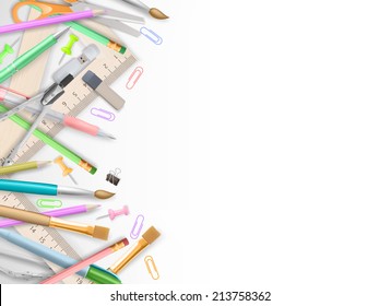 School supplies on white with copyspace. EPS 10 vector file included