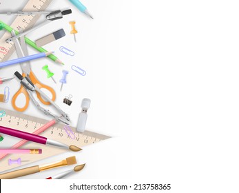 School supplies on white with copyspace. EPS 10 vector file included